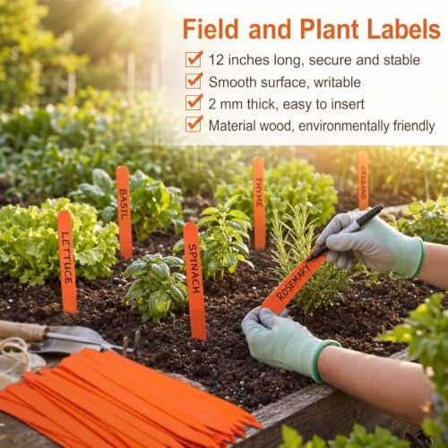 Weysat 300 Pcs 12" Wood Plant Labels for Field or Containers Plant Tags Wood Garden Labels for Seedling Stakes Markers Nursery Seed Tags with Smooth Surface for Pot Herbs Flowers Vegetables (Orange) - Image 3