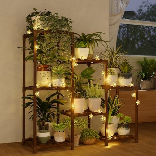 Bamworld Plant Stand Indoor with Flower Fairy Lights Battery Plant Shelf by Bamworld