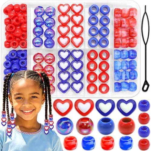 NAISKA 132PCS 4th of July Hair Beads Royal Blue Red Beads for Hair Patriotic Bead Sets 10 Styles Loc Pony Bead Independence Day Hair Accessories for Kids Girls by NAISKA