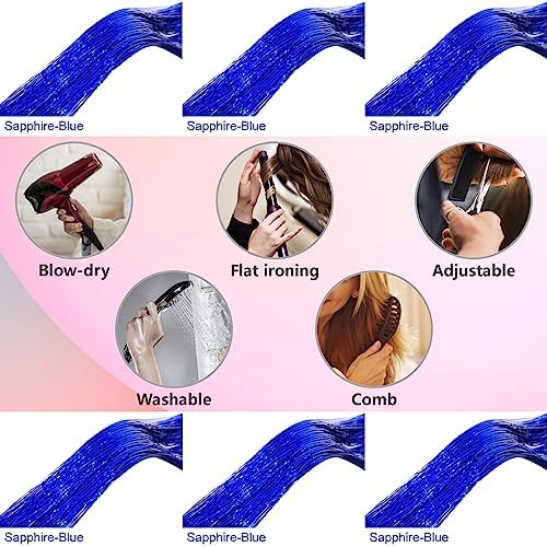 Sapphire Blue Hair Tinsel Kit 48 Inches 1200 Strands with Tools and Instruction Easy to Install Fairy Glitter Tinsel Hair Extensions for Women and Girls，Shinny Sparkling Braiding Hair Accessories - Image 6