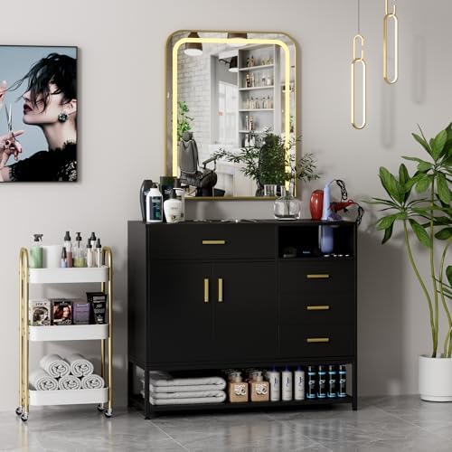 Salon Station with LED Mirror for Hair Styling, Black by HolaiNail