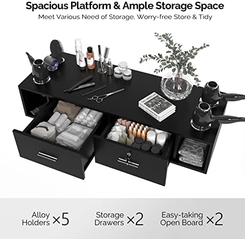 OmySalon Wall Mount Styling Station for Hair Stylist,Beauty Barber Spa Equipment,Salon Cabinet Station with Locking Drawers,Bathroom Dresser with 5 Hair Dryer Holders, Black - Image 7