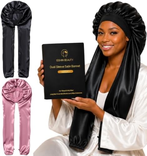 Isshin Beauty Satin Hair Bonnet for Sleeping Women: Dual Sleeve 2 in 1 Long Hair Protector Anti Frizz Sleep Cap by IsshinBeauty
