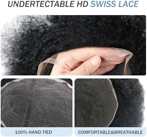 Man Hair Unit Afro Toupee for Black Men Kinky Curly Human Hair Wigs 10MM Mens Wave Units Full Lace Black Mens Hairpiece 8x10inch Lace Replacement Systems (1# Jet Black) - Image 5