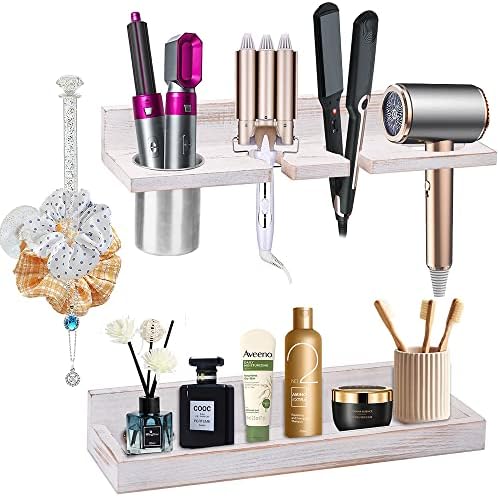 Wall Mount Hair Tool Organizer, 2 Tier Rustic Wooden Blow Dryer Holder by MRPAPAMakeLifemoreEasy