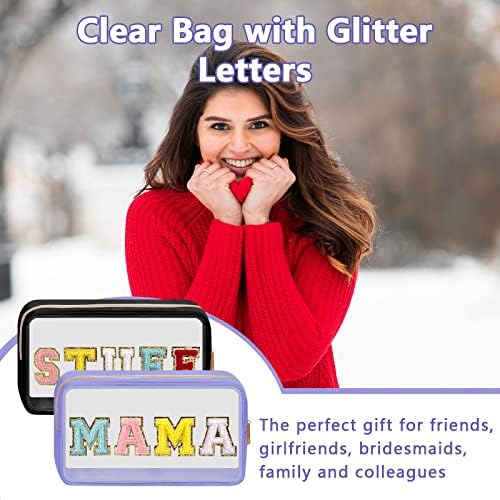 Iqimott Clear Patch Makeup Bag Mama Pouch, Preppy Personalized Chenille Letter Cosmetic Pouch for Travel, Nylon Waterproof Travel Essentials Zipper Toiletry Bags for Women Girls(MAMA, Purple) - Image 5