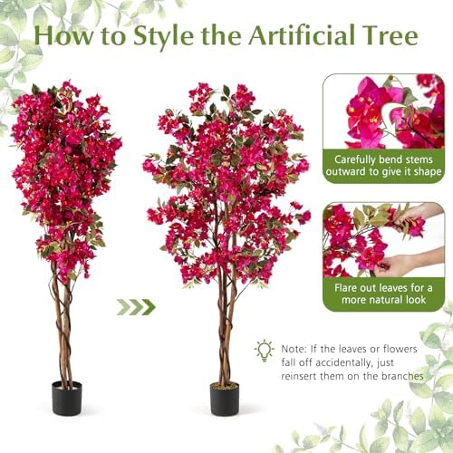 Goplus 6 FT Bougainvillea Artificial Tree, Faux Flower Tree in Pot with 910 Flowers, 105 Leaves, Real Wood Trunk, Tall Fake Floor Plant, Artificial Plants for Indoor Bedroom Living Room Decor - Image 5