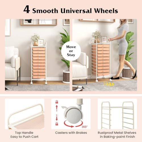 Giantex 10-Drawer Storage Cart w/Universal Wheel, Rolling Cart w/Handle, Home Organizer Storage Unit w/Removable Drawers, Trolley Utility Cart for Kitchen Makeup Living Room Office Play Room - Image 7