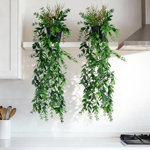 Artificial Hanging Plant 2 Pcs Faux Eucalyptus Vine Ivy Vine Faux Plant Fake Potted Greenery for Wall Living Room Home Shelf Office Bathroom Outdoor Indoor Decor (Type 5) by Yarmare