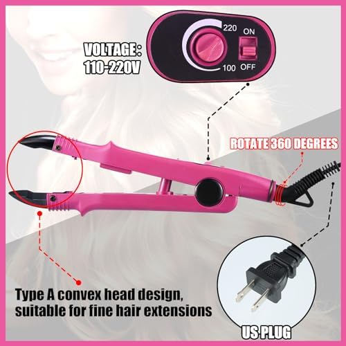 Lothee K Tip Hair Extensions Kit with Heat Iron Finger Protector, Pink - Image 3