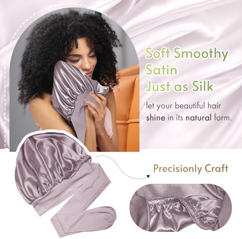 BONNET QUEEN Silk Bonnet for Sleeping Satin Bonnet with Tie Hair Wrap Double Layer Sleep Cap for Women Curly Hair, Grey Purple - Image 5