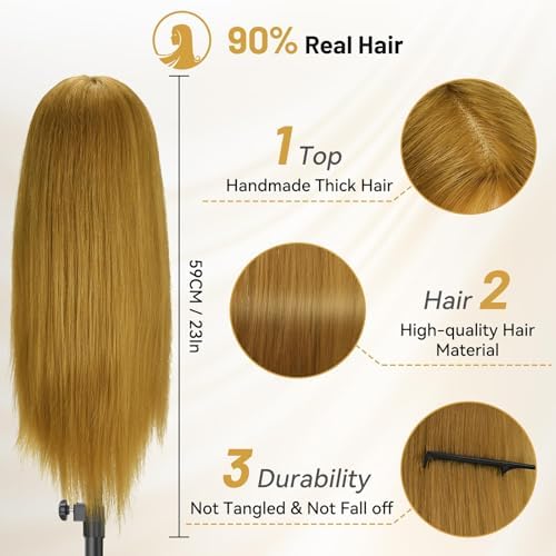 Mannequin Head Human Hair, 90% Human Hair with Tripod Stand, 23" Makeup Mannequin Cosmetology Manikin Practice Doll Head with Stand, Face Gems, Braiding Hairdressing Head for Hair Styling with Table Clamp + DIY Hair Styling Set - Image 3