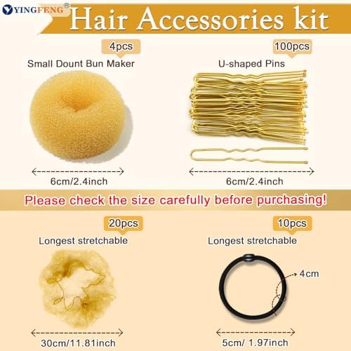YINGFENG 134 Pcs Gold Hair Bun Maker Kit for Kids Small - 4 Hair Donuts for Buns, 20 Hair Nets for Buns, 100 U Shaped Bobby Pins, 10 Hair Bands, for Girls, Ballet Dance, Hair Accessories for Women - Image 3
