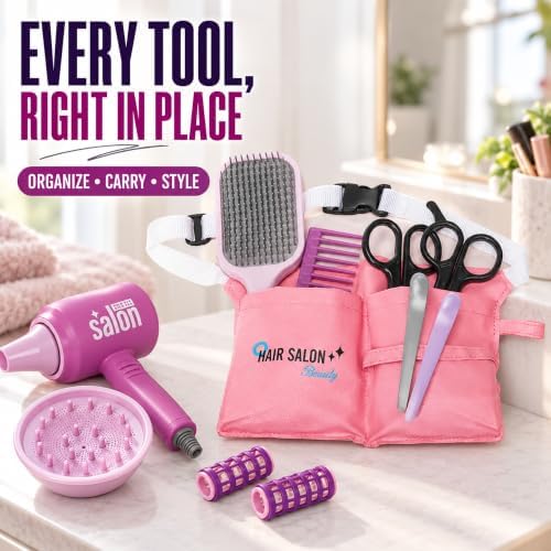 18 PCS Girls Beauty Hair Salon Toy Kit with Hairdryer, Straightener & Styling Accessories, Fashion Pretend Play Doll Stylist Set for Kids and Toddlers - Image 5