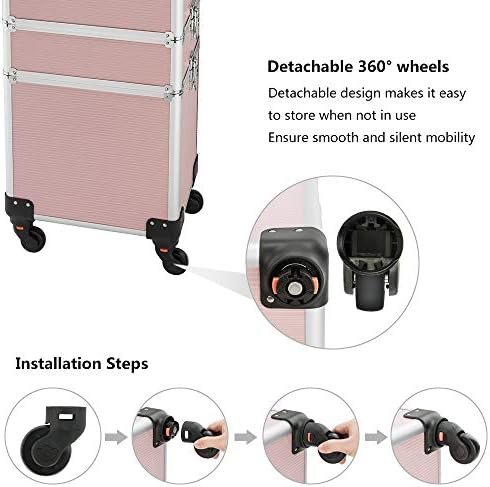 mefeir 4 in 1 Rolling Makeup Train Case, Aluminum Makeup Travel Organizer Cosmetic Case, Cosmetology Display Suitcase on Wheels, Beauty Storage Luggage Lockable w/4 Removable Wheels (Pink) - Image 7