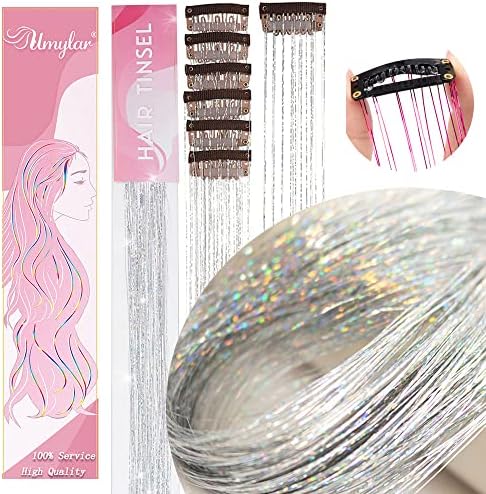 Hair Tinsel Pack of 12 Pcs 20 Inch Glitter Silver Clip in Tinsel Hair Extensions, Party Dazzle Hair Accessories Strands Kit (20 Inch 12Pcs,Silver#) - Image 2