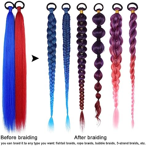 2 Pack Red Blue Contrast 26 Inch Braid Ponytail Extension with Elastic Tie - Image 5
