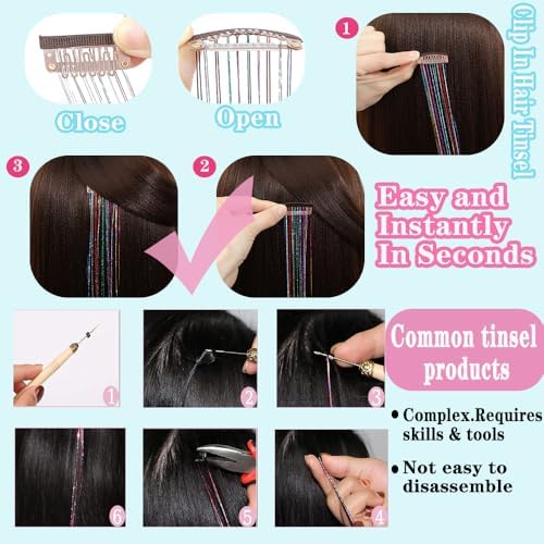 Hair Tinsel Clip in 12 Pcs Fairy Glitter Tinsel Hair Extensions for Kids - Image 5