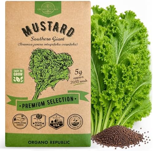 Mustard Southern Giant Seeds Pack 5 G - Over 3,950 Non-GMO Heirloom Mustard Seeds for Planting Greens in Individual Seed Packet, Greens Seeds for Planting Home Garden Indoor & Outdoor by OrganoRepublic