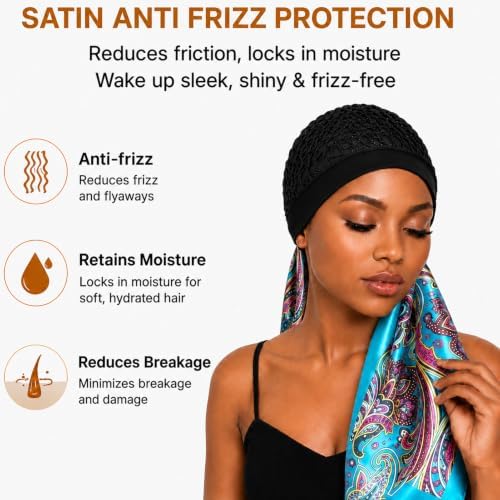 2 in 1 Wrap Cap Hair Net and Scarf for Silk Press, Satin Wrap Cap Bonnet for Women, Adjustable Stay-On Sleep Hair Net Scarf for All Hair Types (Sky blue, One Size) - Image 3