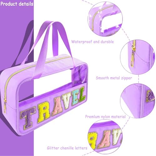 Bunliuys Chenille Letter Clear Makeup Bag Travel Patch, Travel Toiletry Makeup Bag with Handle, Nylon Waterproof Makeup Bags clear cosmetic bag, preppy patch makeup bag for Women (TRAVEL-Violet) - Image 3