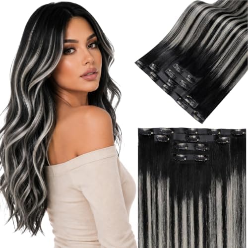 LaaVoo Seamless Clip in Hair Extensions Black Balayage Silver Seamless Hair Extensions Clip in Ombre Black to Silver Grey Balayage Human Hair Clip on Extension 18Inch 4pcs 90g by LaaVoo