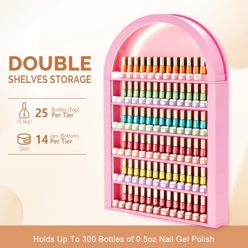 OmySalon Nail Polish & Gel Powder Rack With Led Lighting, Pink Wall Shelf - Image 3