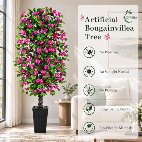 Artificial Bougainvillea Tree 7FT, Fake Tree with Flowers Black Planter - Image 4