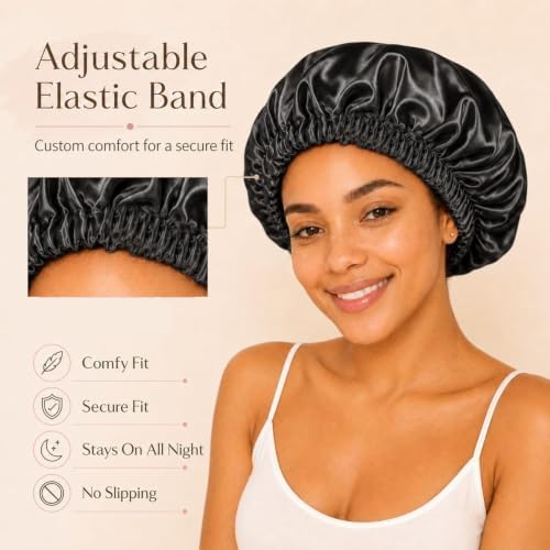 Women’s Satin Bonnet for Sleeping, Double Layer Sleep Cap, Black - Image 3