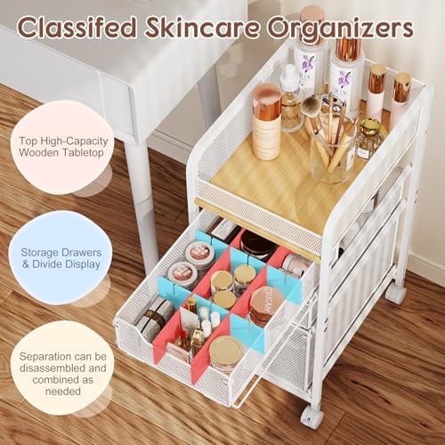 Hongtamoya Rolling Makeup Cart Organizer with 3 Drawers, Narrow Floor Skincare Organizers, Vanity Organizer Cosmetics Display Cases Holder for Skin Care Nail Polish Perfume Makeup Brush, White - Image 3