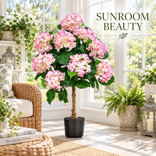 THKFUL 3.7FT Artificial Hydrangea Tree with Natural Trunk, Pink & White Faux Flowering Tree in Pot for Living Room, Entryway, Bedroom, Front Porch, Patio & Cottage Home Decor - Image 4