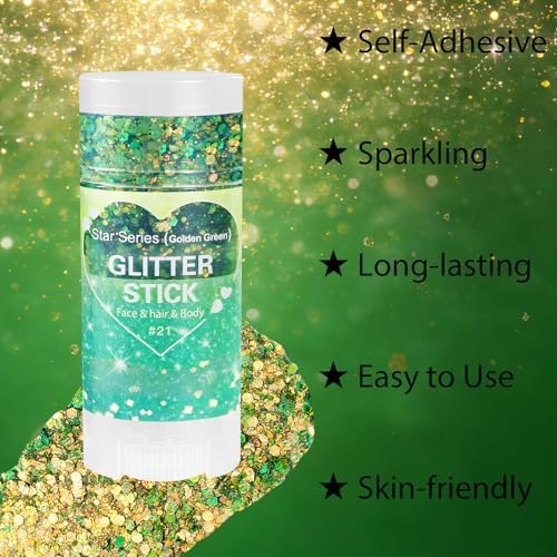 Mysense Chameleon Green Glitter Stick,Face Hair Body Glitter Makeup Shifts Green and Gold,St Patricks Day Accessories,Mardi Gras Outfit for Women,Sparkling Chunky Glitter for Festival Rave Party - Image 3