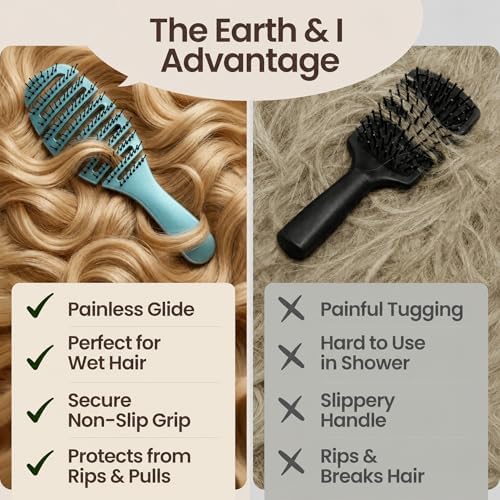 Earth & I Pain-Free Flex Detangler: Wet/Dry Curly Hair Brush, Teal Blue - Image 3