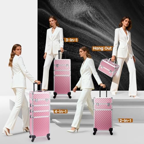 Stagiant Rolling Makeup Train Case Cosmetology Case on Wheels 4 in 1 Large Cosmetic Organizer Box Makeup Travel Case with Key Swivel Wheels Nail Artist Salon Storage Traveling Cart Big Trunk Pink - Image 4