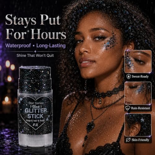 Go Ho Black Glitter Stick,Halloween Hair Face Body Shimmer for Women Kids - Image 2