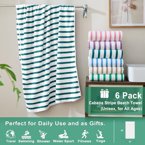 JML Microfiber Beach Towels, 6 Pack, 27" x 55", Cabana Stripe Dark Green - Image 2