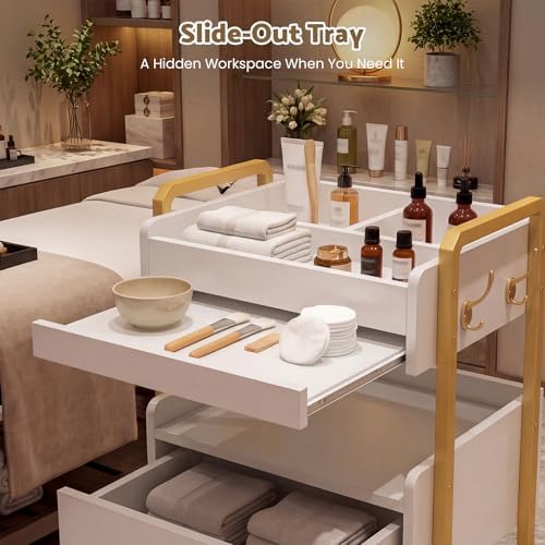 Salon Spa Cart with Storage, 3-Tier Rolling Beauty Storage Cart, White - Image 5