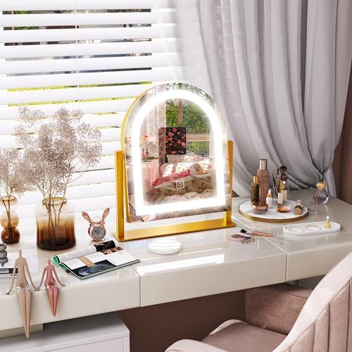 FENNIO Large Vanity Mirror with Lights - 15.5"x13" LED Lighted Makeup Mirror with Lights, 10X Magnification, Touch Screen with 3-Color Lighting, Dimmable, for Vanity Desk Tabletop, Bedroom（Gold） - Image 4