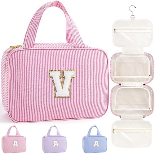 TOPEAST Travel Toiletry Bag for Women - Hanging Toiletry Bag Makeup Bag, Portable Toiletries Cosmetic Bag, Airplane Travel Essentials - Letter V, Pink by TOPEAST