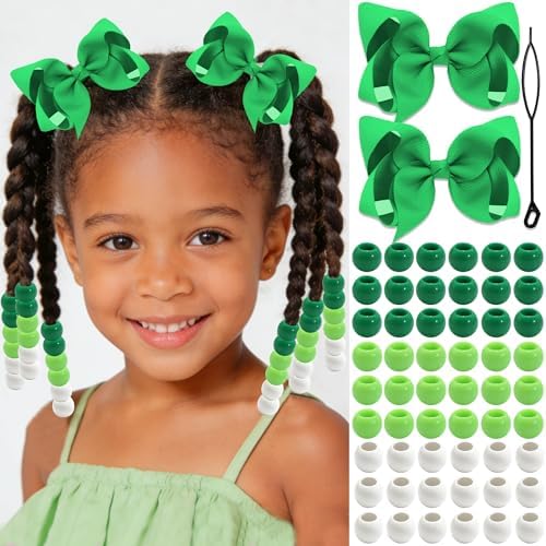 NAISKA 62PCS Green Hair Beads for Braids Kids Girls Hair Bow Clips 3 Colors Loc Beads Cute Bowknot Hair Clips Jewelry Hair Accessories for Girls by NAISKA