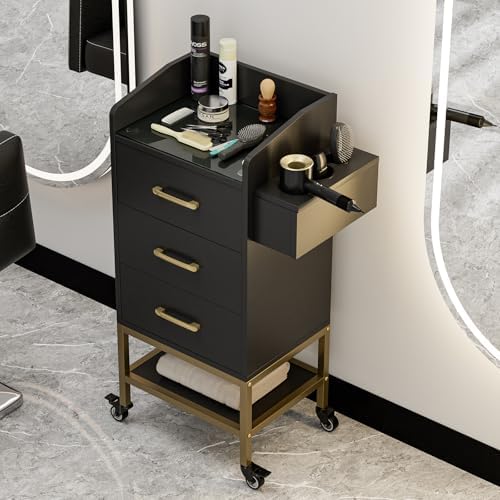 4-Tier Salon Station for Hair Stylist,Black Beauty Barber Storage Station w/Glass Top, 3 Drawers, Hair Dryer Holders, Lockable Wheels for Barber Station, Salon Storage Equipment - Image 2
