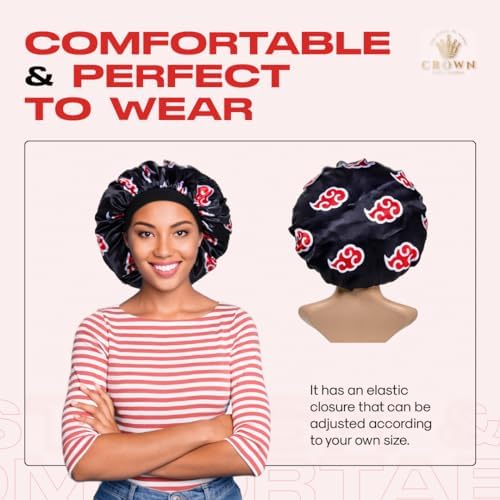 Red Black Cloud Large Bonnet - Silky Design Satin Bonnet with Elastic Soft Band African Head Wrap for Women - Image 4
