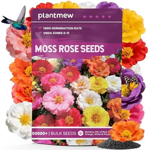 Moss Rose Seeds Bulk Pack - 50,000+ Heirloom Portulaca Seeds for Planting Outdoors, Rainbow Color Mix, Drought-Tolerant Ground Cover & Container Flowers, USDA Zones 2-11 by PLANTMEW
