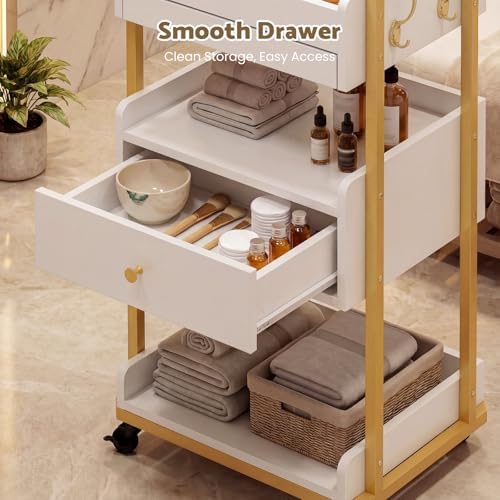 Salon Spa Cart with Storage, 3-Tier Rolling Beauty Storage Cart, White - Image 6