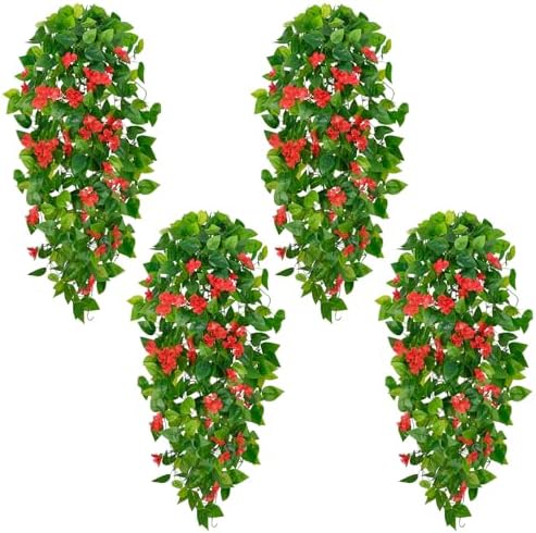 BLEUM CADE Artificial Hanging Flowers for Outdoors, 4pcs Fake Hanging Plants Pothos Vines with Red Flowers for Wall Home Living Room Indoor Outdoor Decor (No Baskets) by BLEUMCADE
