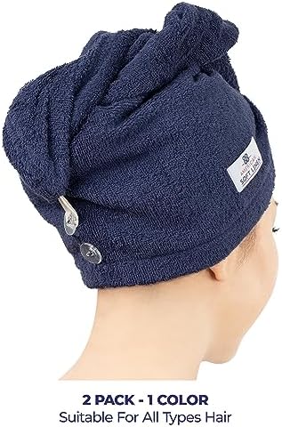 American Soft Linen 100% Cotton Hair Towels for Women, Head Towel Cap, Cotton Hair Turban Towel Wrap for Long Curly Anti Frizz Hair, Soft and Absorbent Cotton Hair Towels 2 Pack, Navy Blue - Image 3