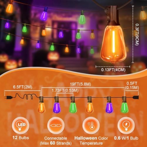 LAMPHOME Orange Purple Green Outdoor Halloween String Lights,26FT ST38 LED Patio Light 12+1 Shatterproof Edison Bulbs, Waterproof Connectable Outside Hanging Lights for Backyard Porch Party Decor - Image 3