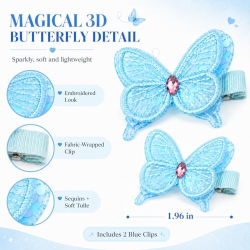 2 Pcs Butterfly Hair Clips for Girls, Fully Lined, Blue - Image 2