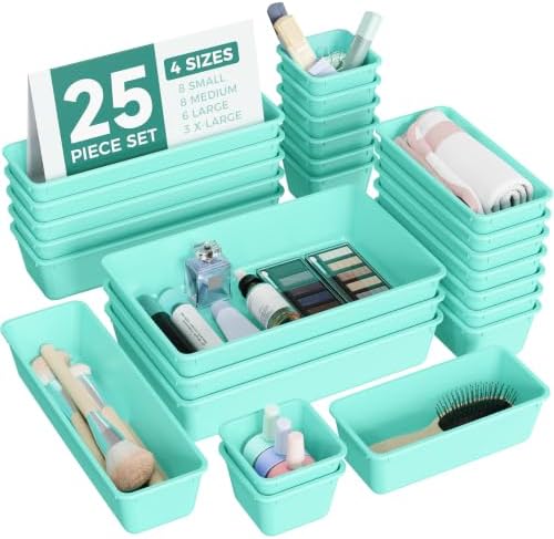 BiuLeon 25 PCS Plastic Drawer Organizers Set, 4-Sizes Vanity and Makeup Organizer, Desk and bathroom Drawer Organizer Trays, Organizers and Storage for Makeup, Jewelry, Gadgets, Utensils (Blue) by Unknown