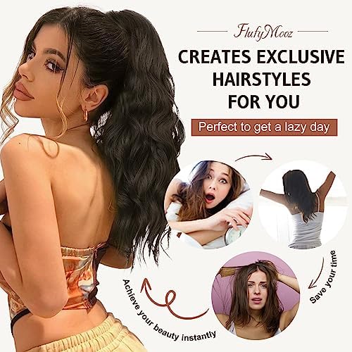 FLUFYMOOZ Ponytail Extension, 18 Inch Claw Clip Ponytail Extension, Wavy Curly Claw Clip in Ponytail Hair Extensions, Natural Fake Ponytail Synthetic Hairpiece for Women (Cool Brown with Blonde Highlights) - Image 4